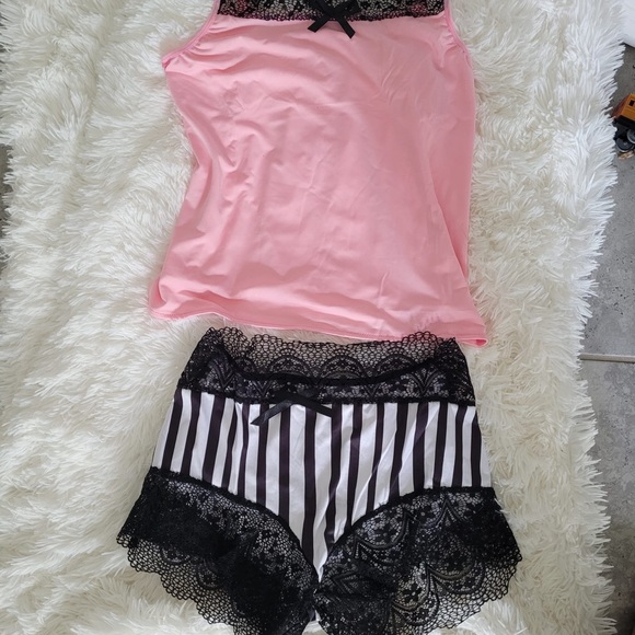 Strap Lace Pajama Set Sleeveless stripes print - Picture 3 of 4